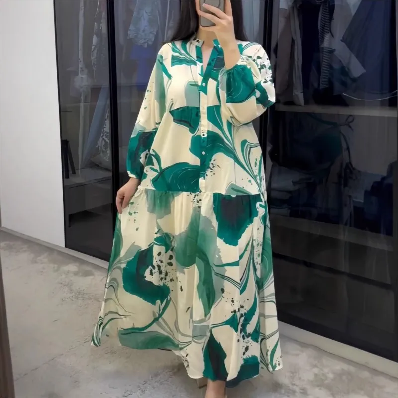 Moda Boho Stampa floreale Maxi abito manica lunga scollo a V vestibilità ampia elegante abito da festa casual caftano caftano arabo Jalabiya Ramadan
