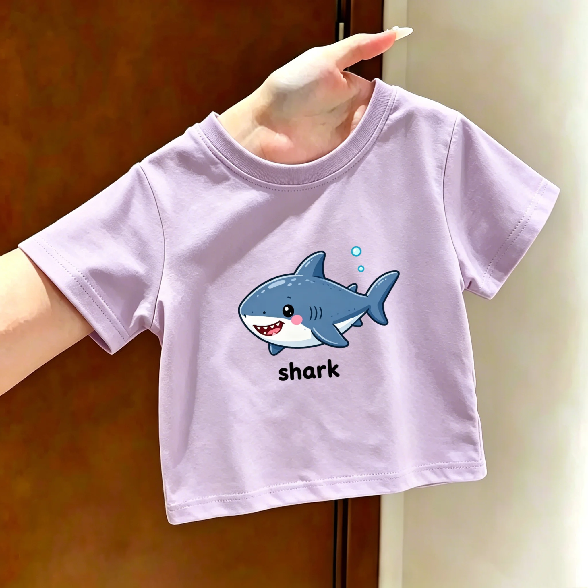 2026 Summer New Style Cotton Short-Sleeved T-Shirt with Cartoon Shark Pattern for Boys and Girls - Casual and Versatile Top