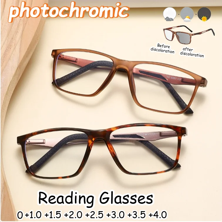

Photochromic Rectangular Reading Glasses for Men Anti Blue Light Transition Presbyopic Glasses Light Sensitive Multiple0 To +4.0