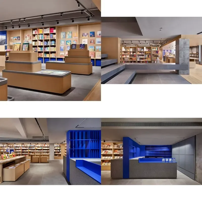 Custom Indoor Display Bookcase Design Wooden Wall Book Shelf Cabinet with LED Lighting Library Furniture Decor