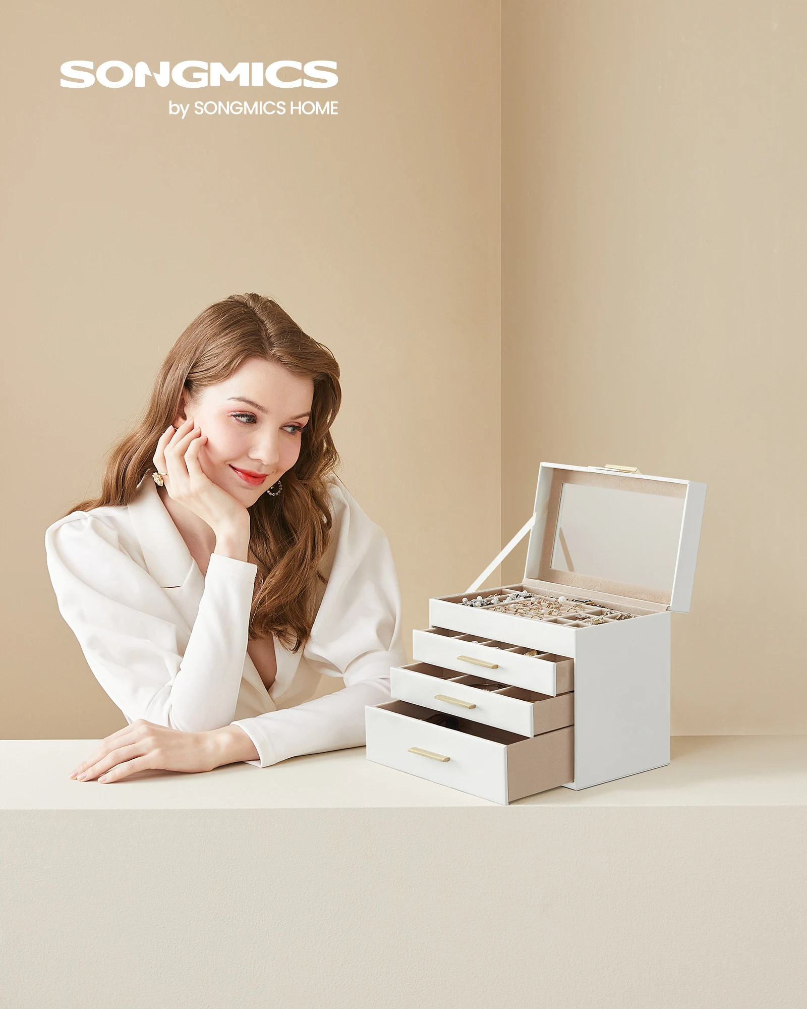 

SONGMICS GISELLA Collection - Jewelry Box Organizer, 4-Layer Jewelry Storage with 3 Drawers, Shiny Metal Hardware, Glass Lid