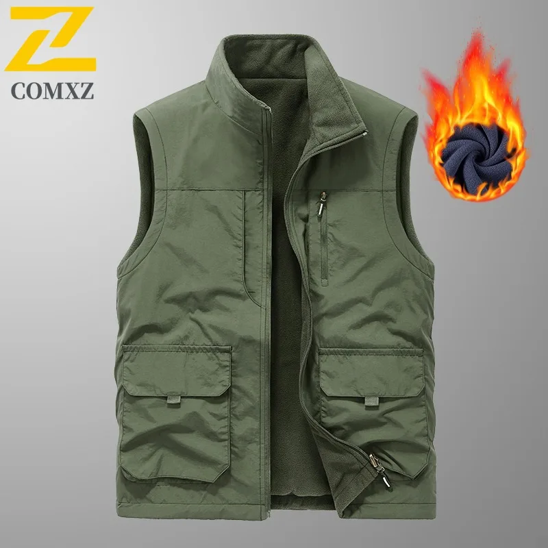 COMXZ New Autumn Winter Mens Vest Reversible Fleece Outdoor sports Workwear Waterproof Vest Multi Pocket lightweight Waistcoat