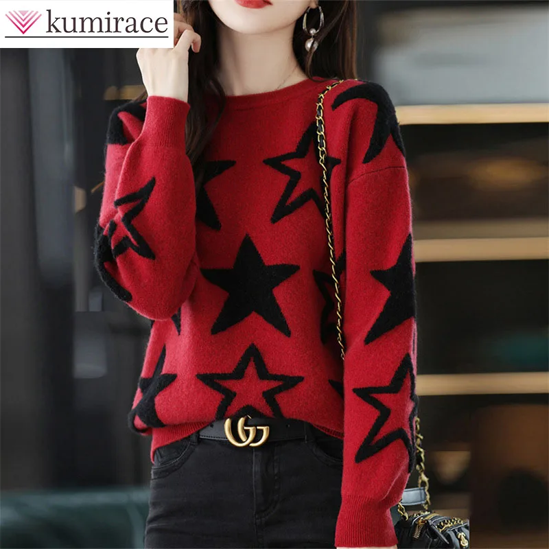 

Sweater Women's 2025 Autumn and Winter Color Contrasting Pentagram Loose Casual Round Neck Pullover Lazy Style Knitted Sweater