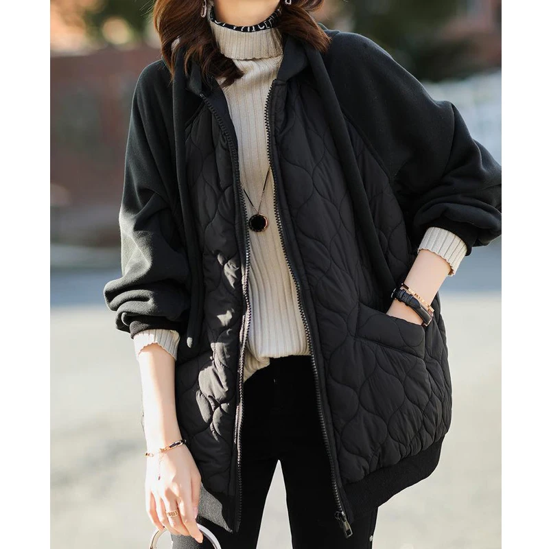 Winter Women Fashion Patchwork Casual Streetwear Down Cotton Padded Hooded Jacket Female Oversize Zipper Outewear Quilted Parkas