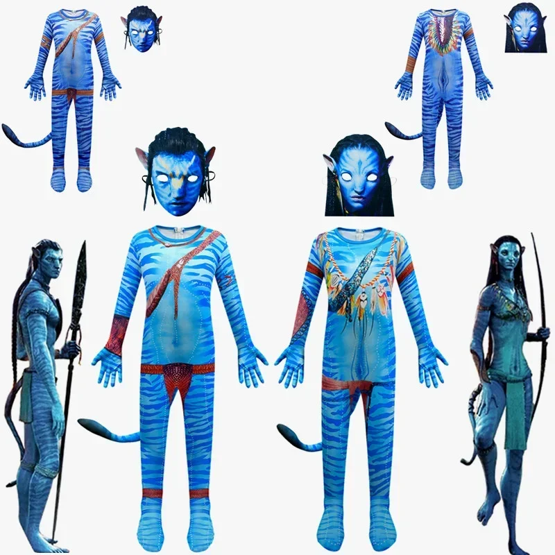 A Kids Avatar The Way of Water Alien Cosplay 3D Jumpsuit boys girls Avatar Cosplay Costume mask Halloween Zenti Party Bodysuit