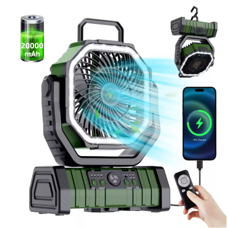 Movable sem fio Camping ventilador com gancho, circuladores de ar ao ar livre, bateria de alta capacidade, luz LED, 20000mAh