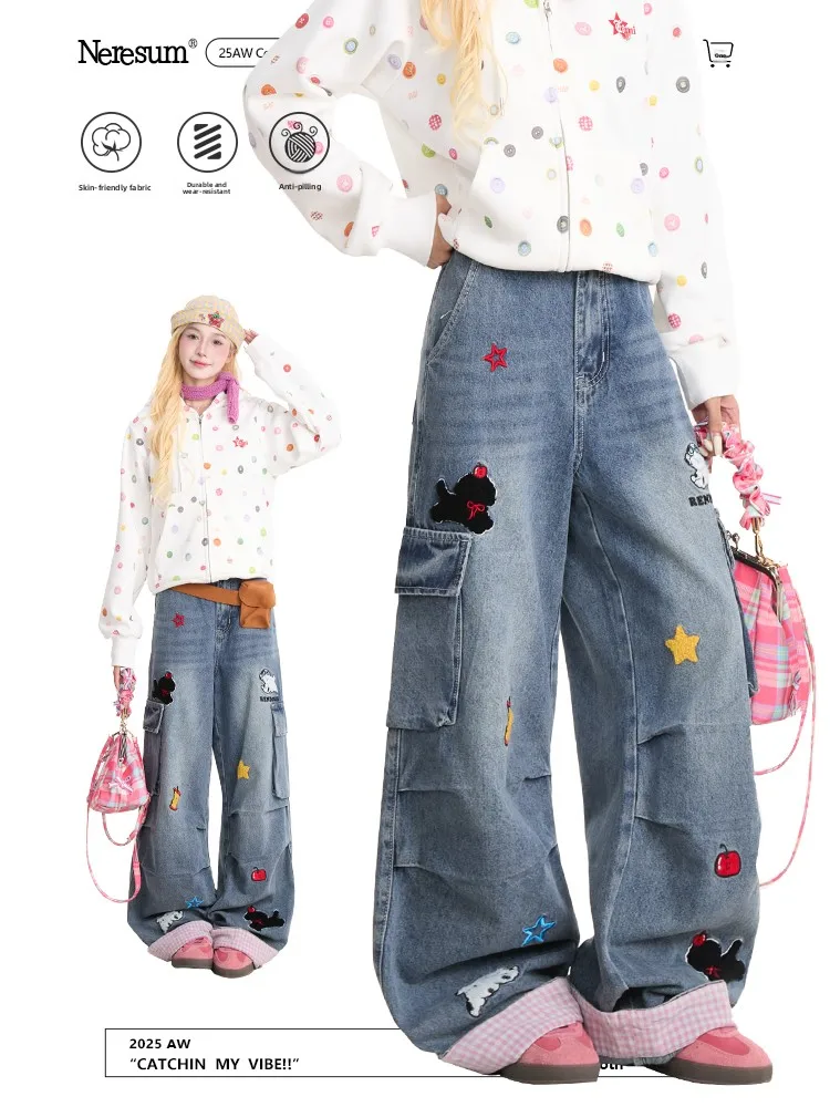 

NERESUM Cartoon Embroidered Workwear Denim Pants Women's Retro Plaid Cuffed Straight Leg American Folded Wide Leg Pants