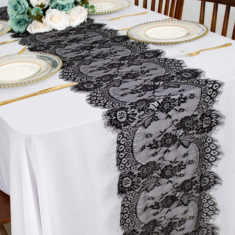 35x300cm Vintage White Black Lace Floral Table Runner Table Cover Hotel Home Boho Birthday Wedding Party Banquet Decor Supplies