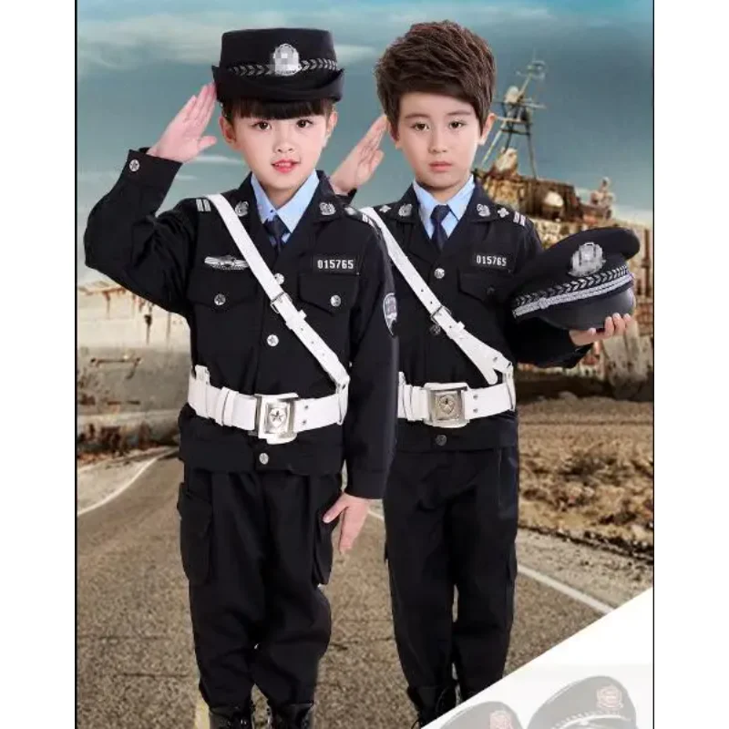 Police Uniform Boy Performance Clothing Include Jacket Pant  Belt Hat Traffic Cosplay Suit Spring