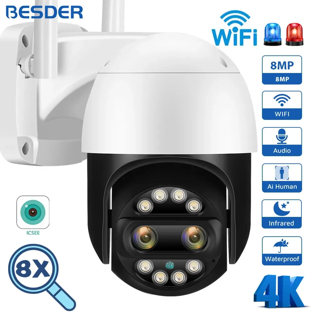 8MP PTZ WiFi Camera Dual Lens Night Vision Human Detection 8X Digital Zoom CCTV Video Surveillance Camera 4MP Security IP Camera