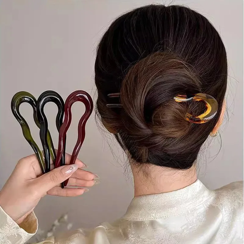 Elegant U-Shaped Hair Fork Acetate Fashion Geometric Design Sticks Tortoiseshell Hairpin Women Girls Headwear Accessories