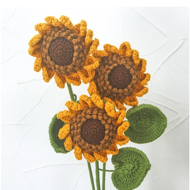 2 Branches Yellow Sunflowers Artificial Flowers Handmade Knitting Sunflowers Big Size Home Wedding Party Decorations