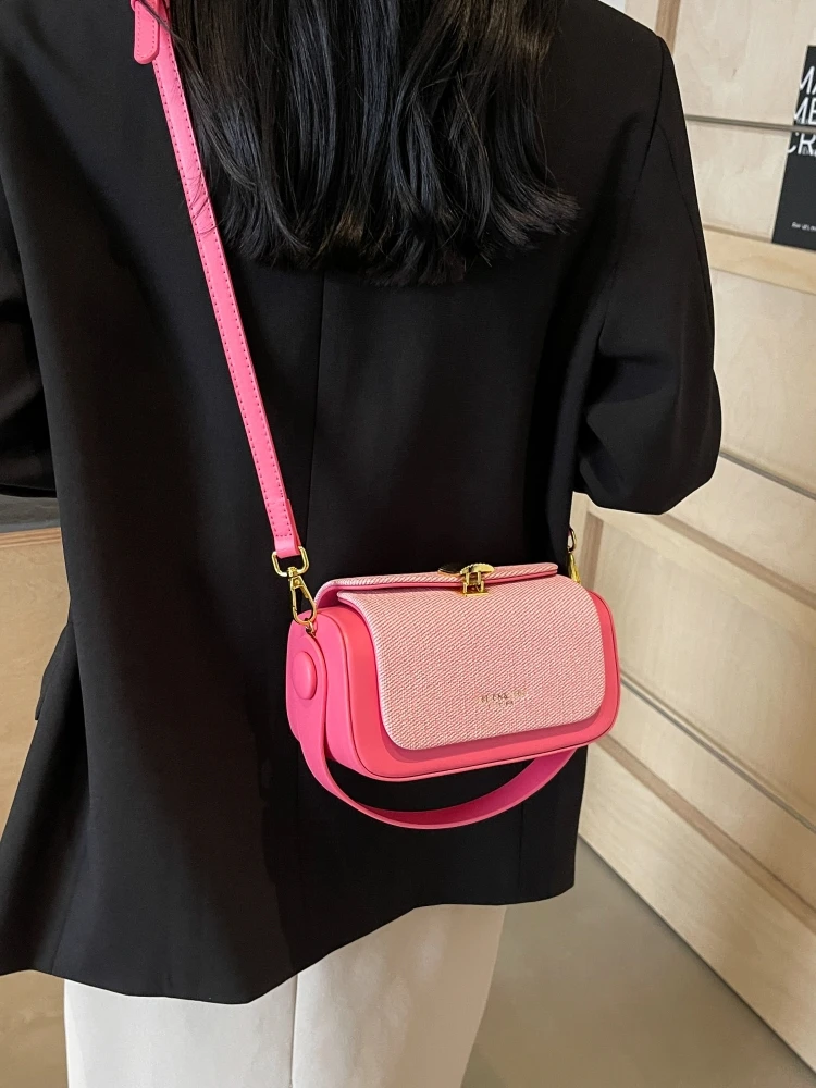 Women Korean Fashion Contrast Crossbody Bag Personalized Lock Buckle Urban Simple Style One Shoulder Bag Casual Handbag Trendy