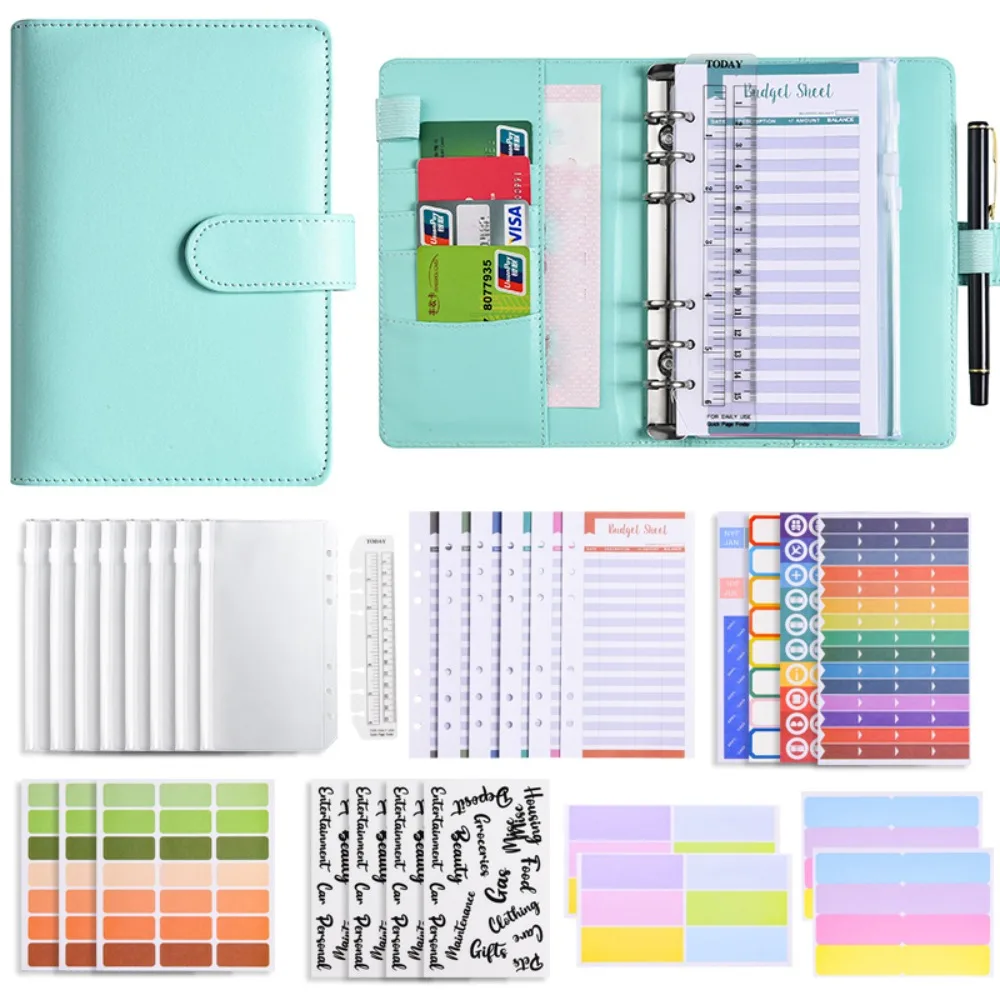 Stickers A6 Cash Budget Ledger Magnetic button Ruler Loose-leaf Notebook Zippered Pockets Budget Tables PU Leather Folder Office