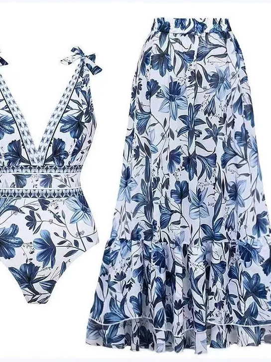 

Women's Faionable Sexy V-Ne Holiday Print Casual Dr Swimwear Set Bal Floral Patterned One-Piece Swimsuit Beachwear