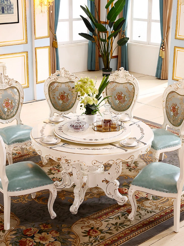 Solid Wood Dining Table French Round Table Full Solid Wood Paint Pearl Light White Wood Surface Send Tables Chairs Combination