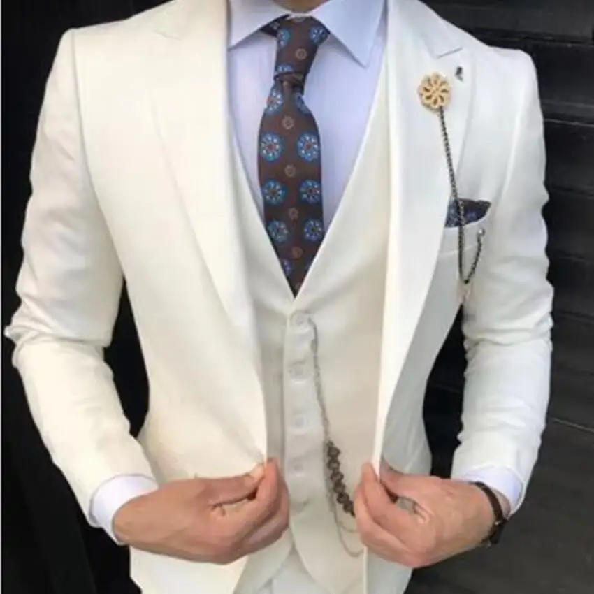 Ternos Casuais Marfim para Casamento Masculino - Terno Slim Fit Formal para Noivo, Baile de Formatura, Smoking Masculino, Último Design, Conjunto de 3 Peças: Blazer, Colete e Calça