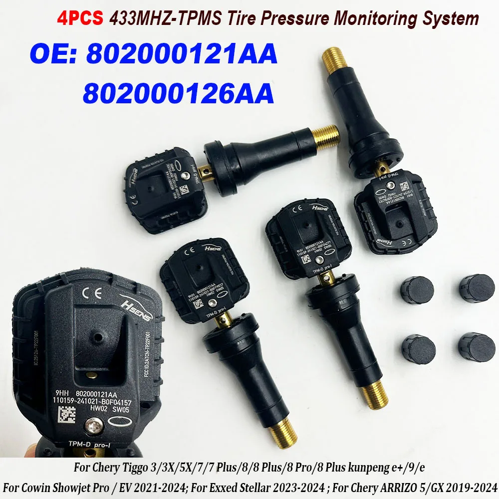 4PCS For Chery Exploration/Explore 06 / Tiggo 9 2023-2024 High Quality 802000121AA 802000126AA Tire Pressure Sensor 433MHz TPMS