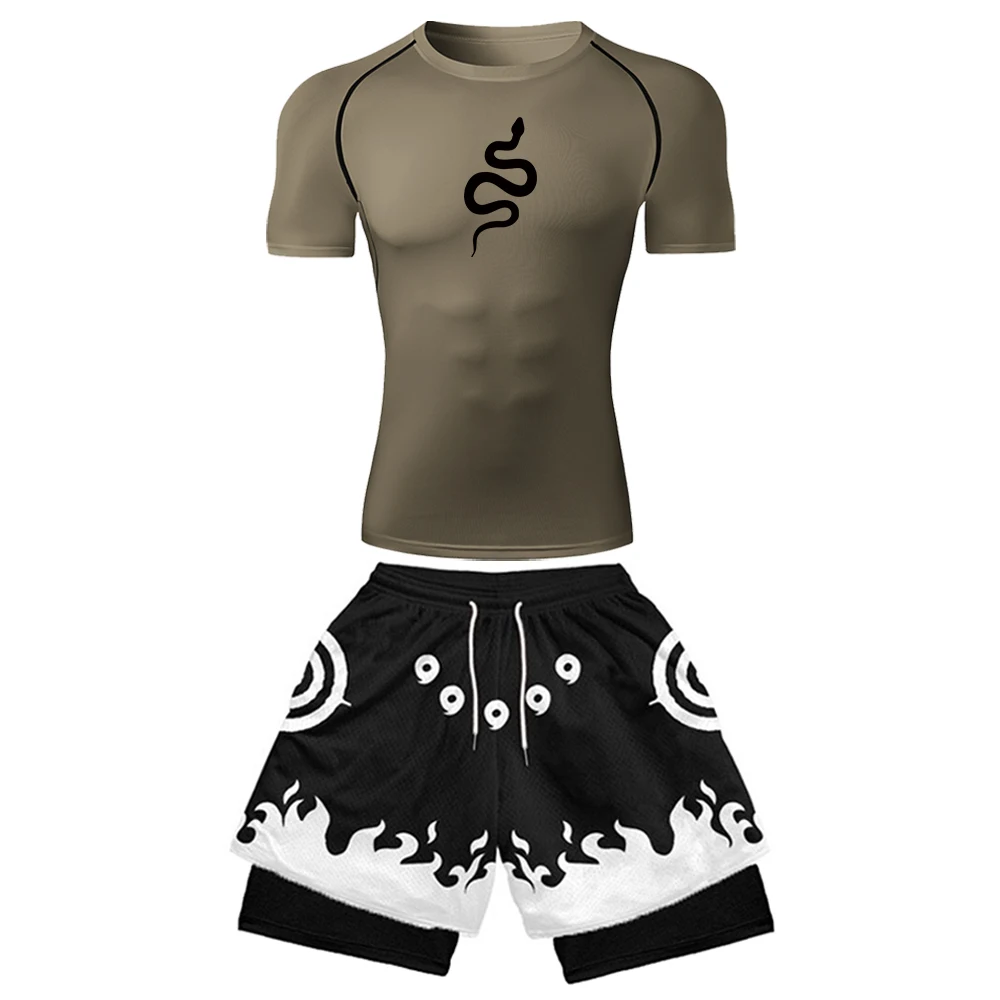 

Men's Gym Set Compression Shirt T-shirt + 3D Printed Shorts 2 Piece Tracksuit Sportswear Fitness Training Running Suit Male