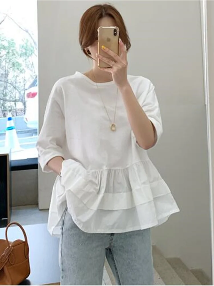 

Patchwork Contrasted Color O Collar Short Sleeve Cotton Blouse For Women 2022 Summer Shirt Female Fashion Clothing G310