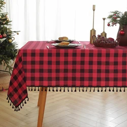 Checkered Table Cloth with Tassel Washable Wrinkle Free Buffalo Plaid Table Cover for Christmas Decor Festival Party New Year
