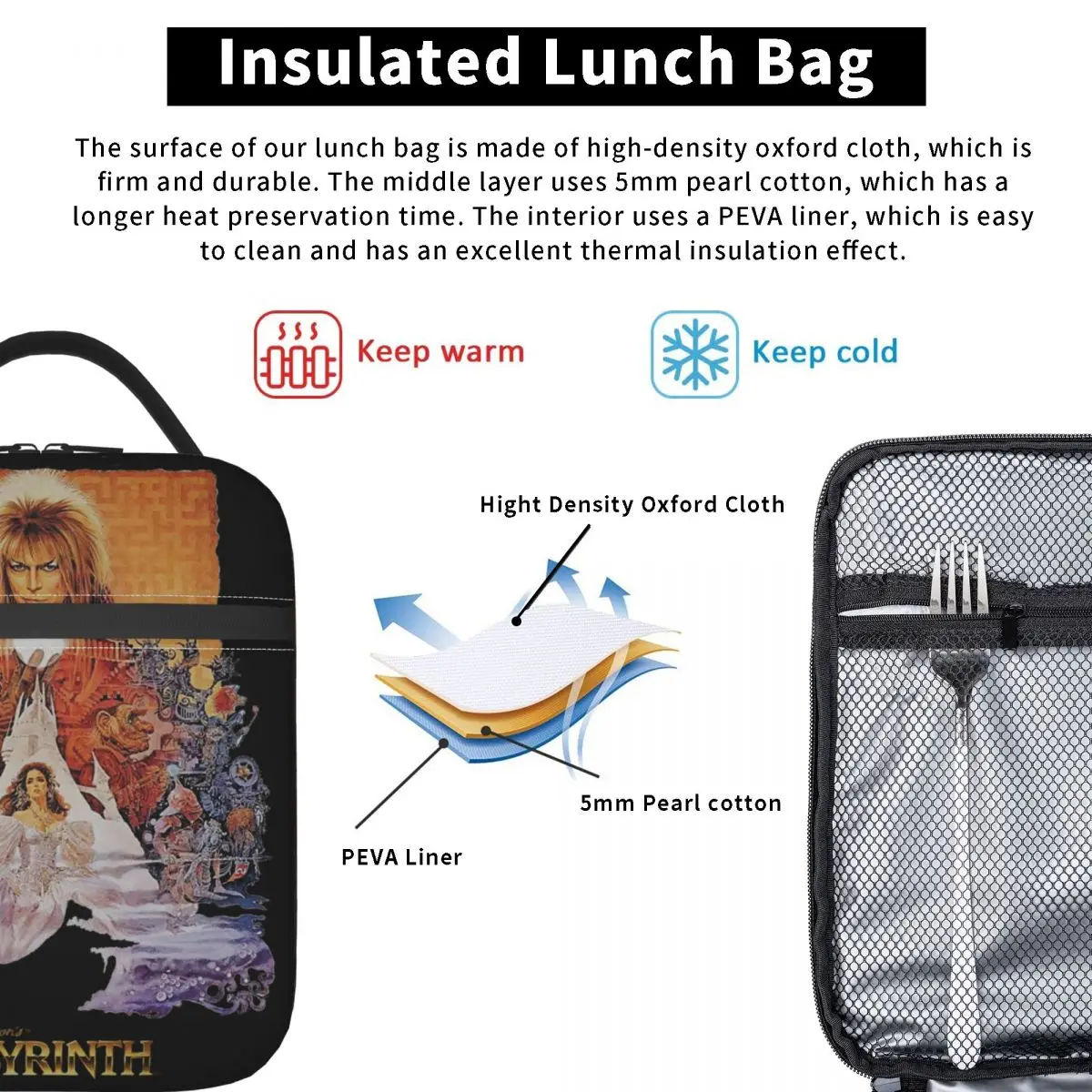 Labyrinth Jareth The Goblin King Insulated Lunch Bags Fantasy Film Resuable Thermal Cooler Food Lunch Box Work School Travel