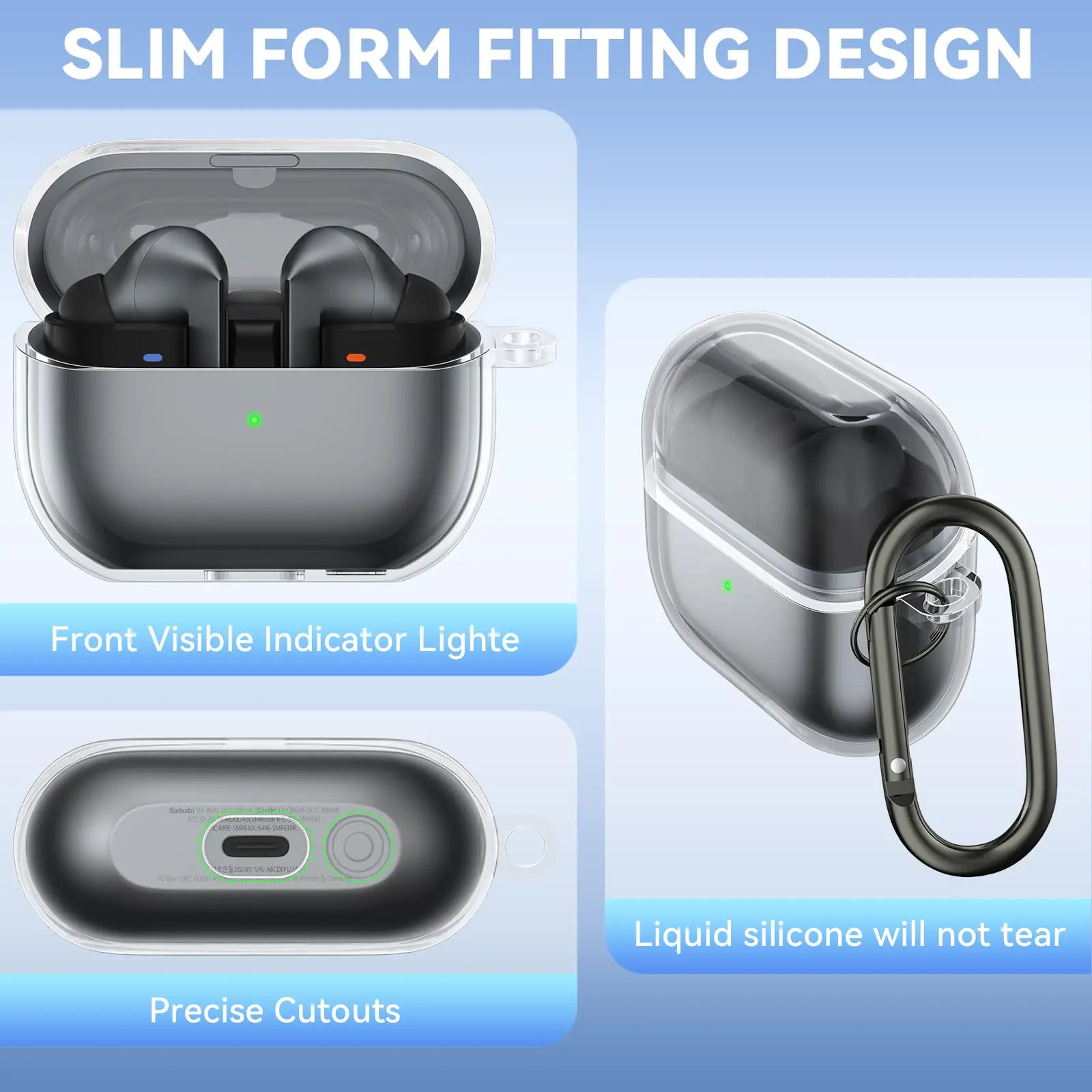 Etui na Samsung Galaxy Buds 3 Pro & Buds 3, miękkie silikonowe etui ochronne z karabińczykiem dla kobiet i mężczyzn (przezroczyste)