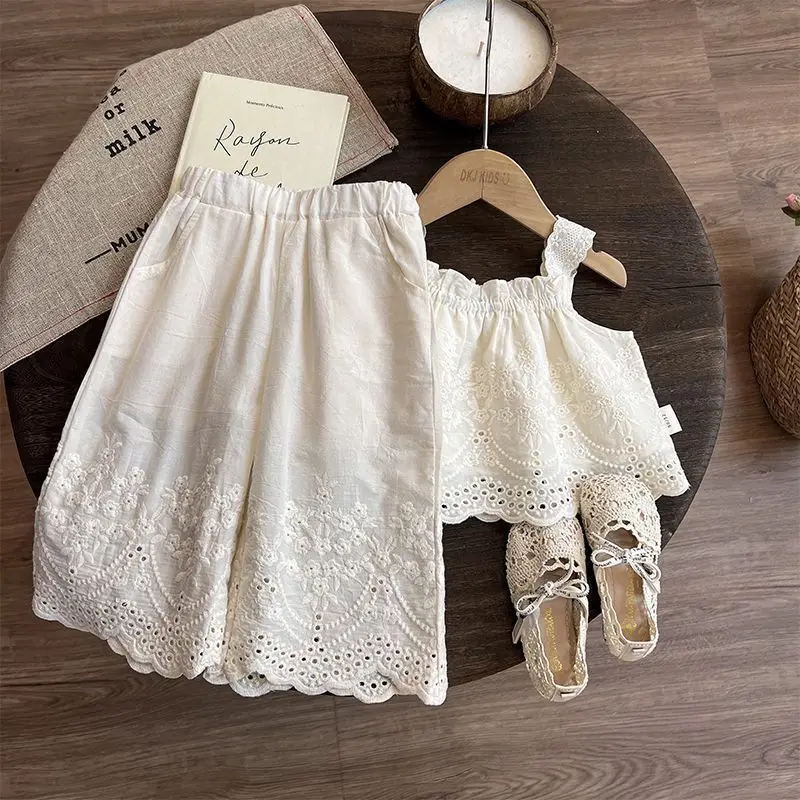 Two-piece Set Girls' Top Pants Trend Korean Children's Clothing Summer New Item Embroidery Vest Wide Leg Pants