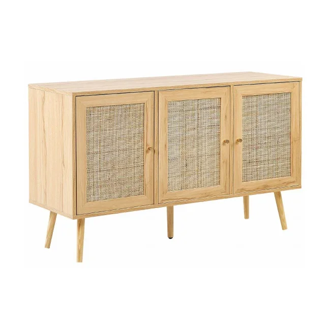 3-Door Rattan Light Oak Finish Manufactured Wood Sideboard Cabinet