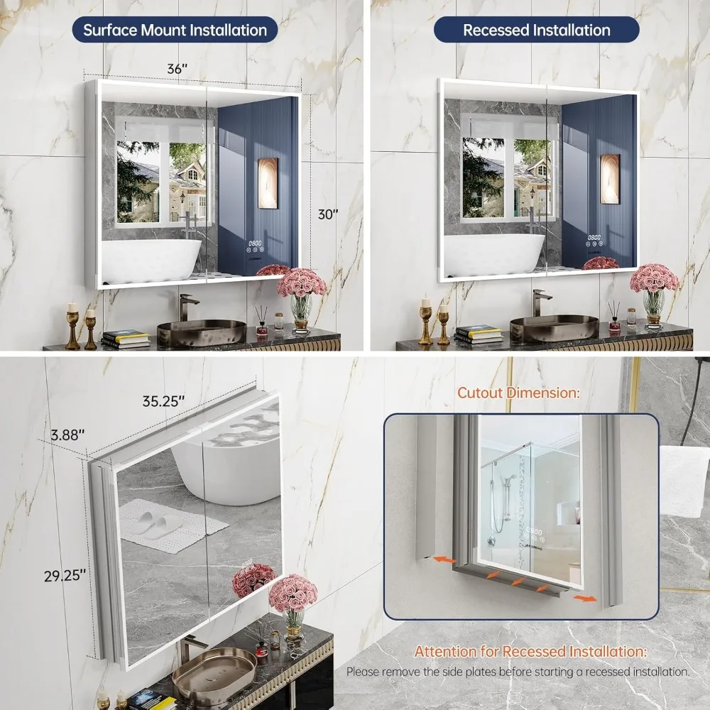 Beleuchteter Medizinschrank mit Spiegel 36×30 Zoll, Oberflächen- oder Einbauleuchten, Uhr- und Temperaturanzeige, Defogger, Dimmen, LED-Badezimmer