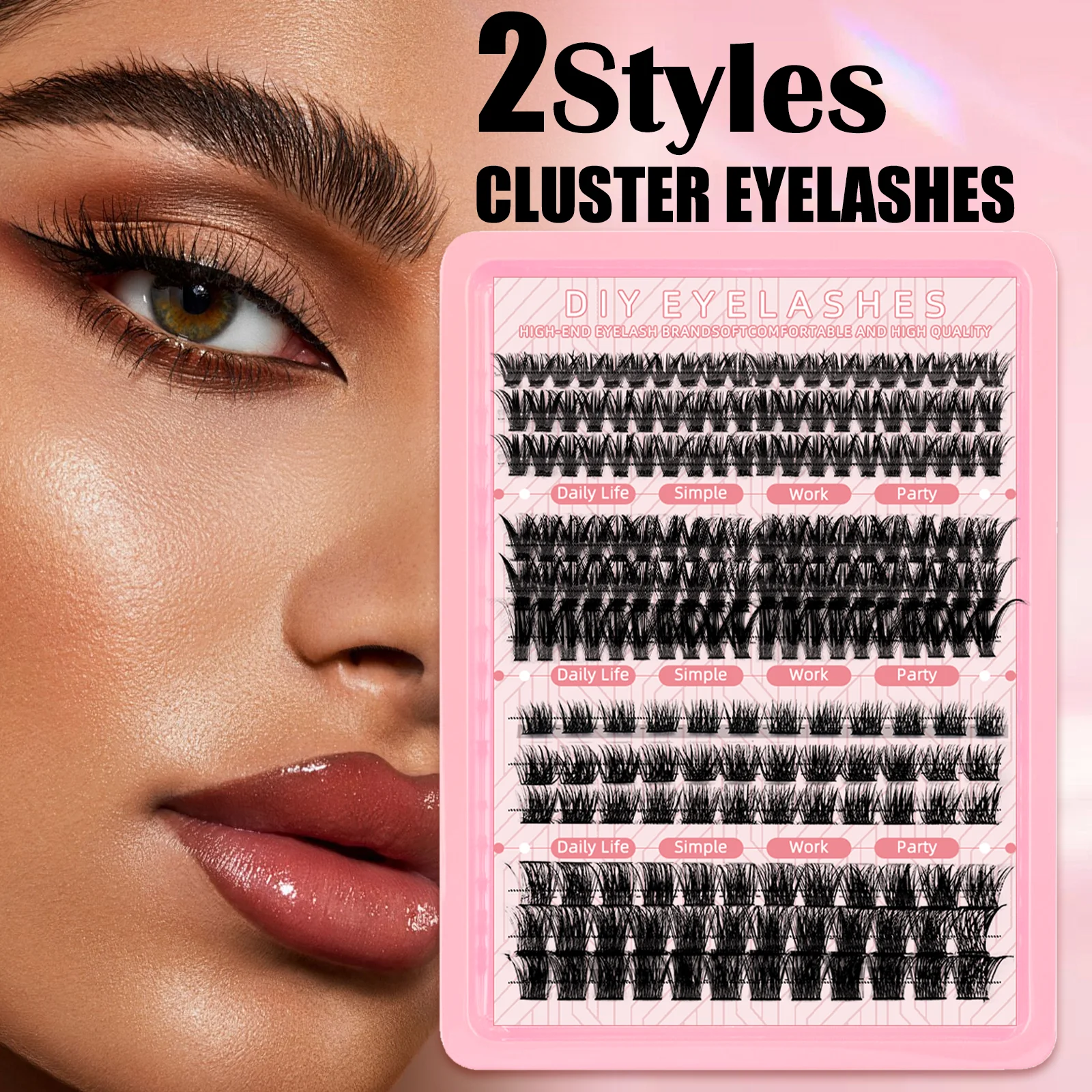 16 Rows Mixed Style Lash Clusters 8-16mm 2 Styles DIY Individual Lashes D Curl Wispy Natural Fluffy False Eyelashes Segmented Bu