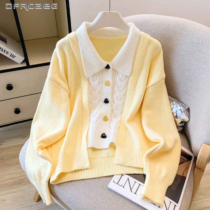 

Korean Style Patchwork Soft Button Sweater For Women Autumn Winter Loose Sweet Yellow Knitted Top Lady