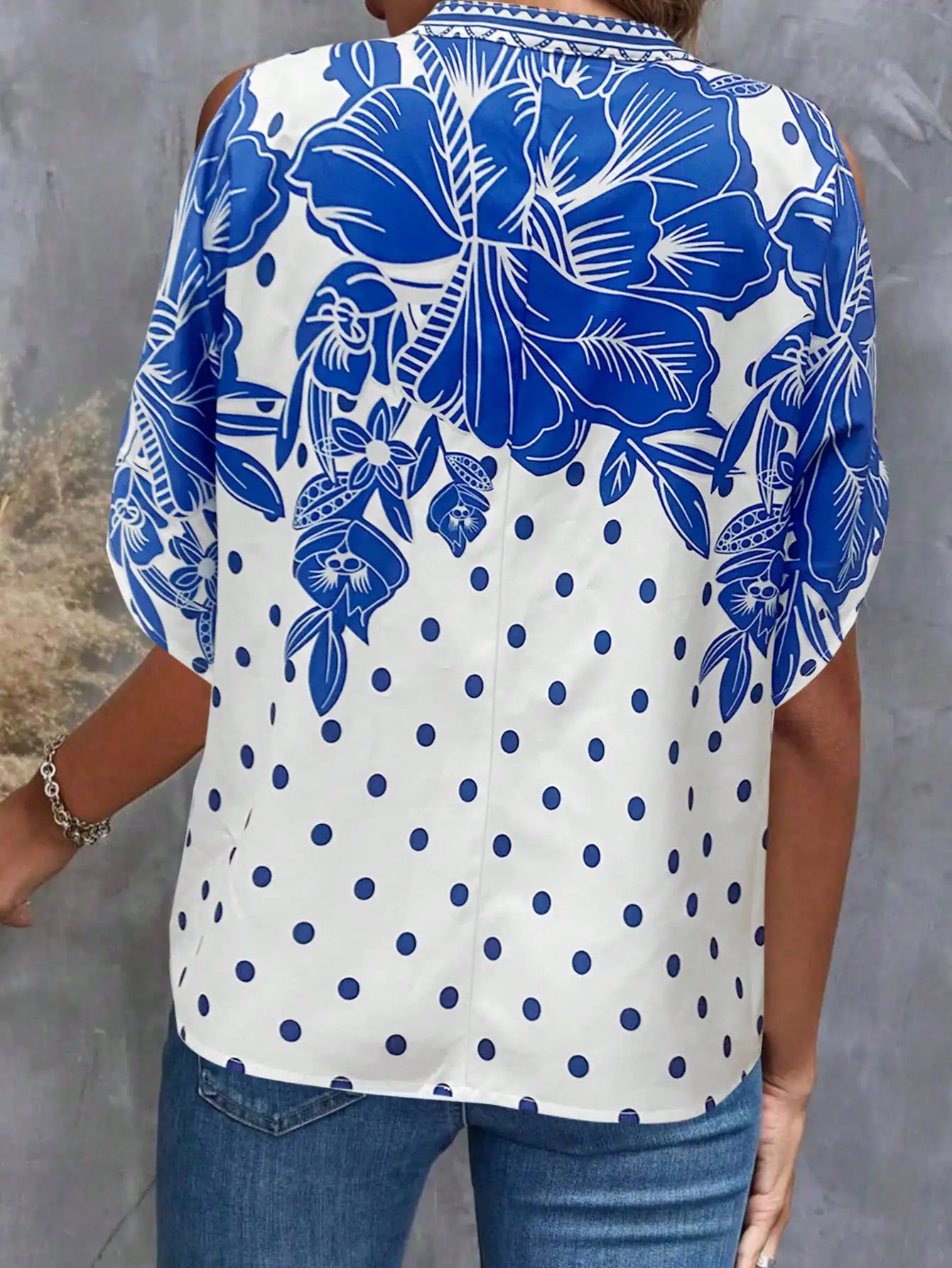 Womens Cold Shoulder V Neck Blouse Floral And Polka Dot Print Short Sleeve Summer Casual Top Blue And White Boho