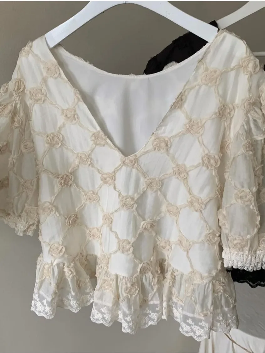 Dongdaemun Ins Recommended Heavy Industry 3d Flower Sweet Anti-aging Versatile Top Chiffon Blouse Commuting Sle V-ne Bubb...