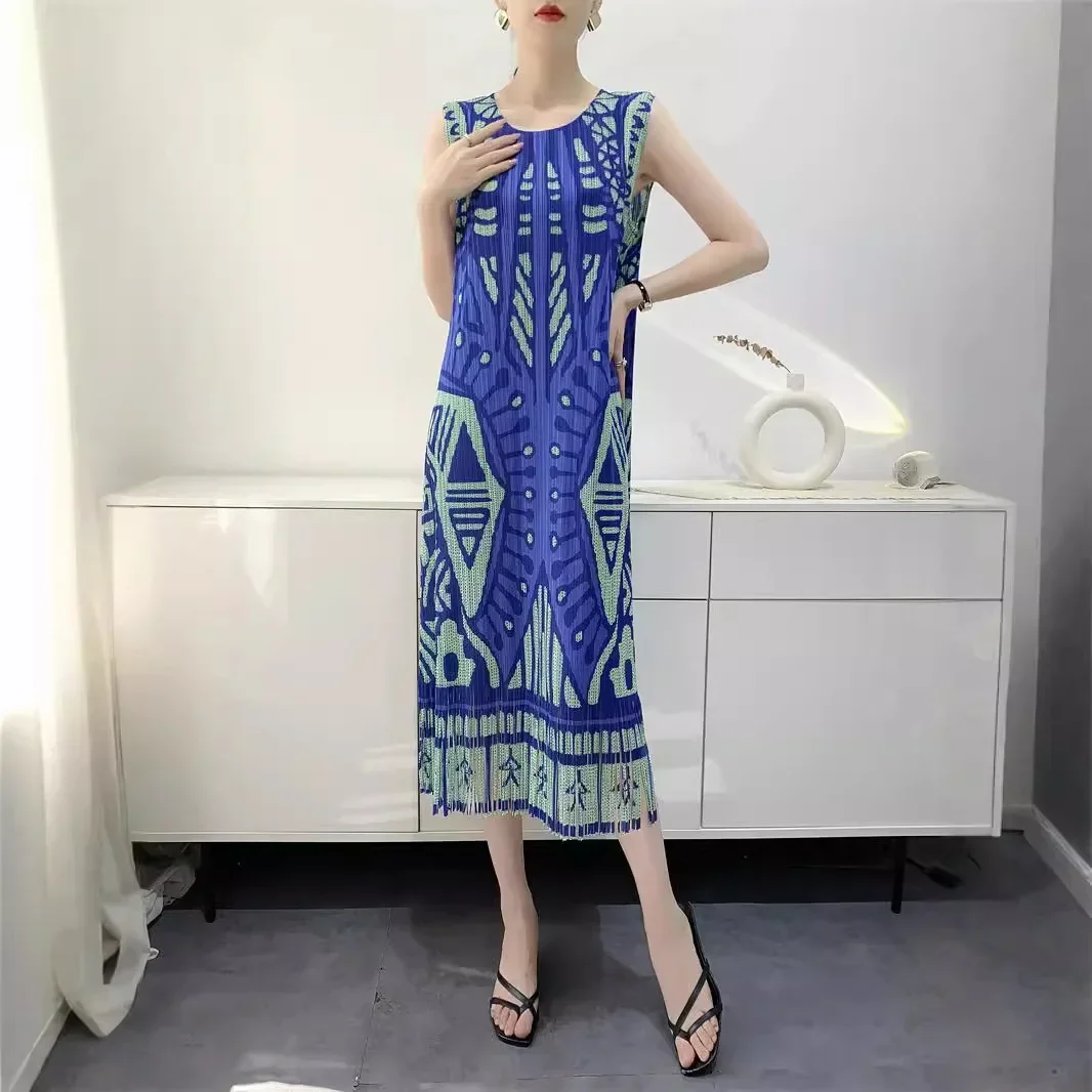 

Miyake Elegant, Comfortable, Casual and Fashionable Printed Tassel Dress 2024 Summer New Sleeveless Round Neck Pleated Tank Top