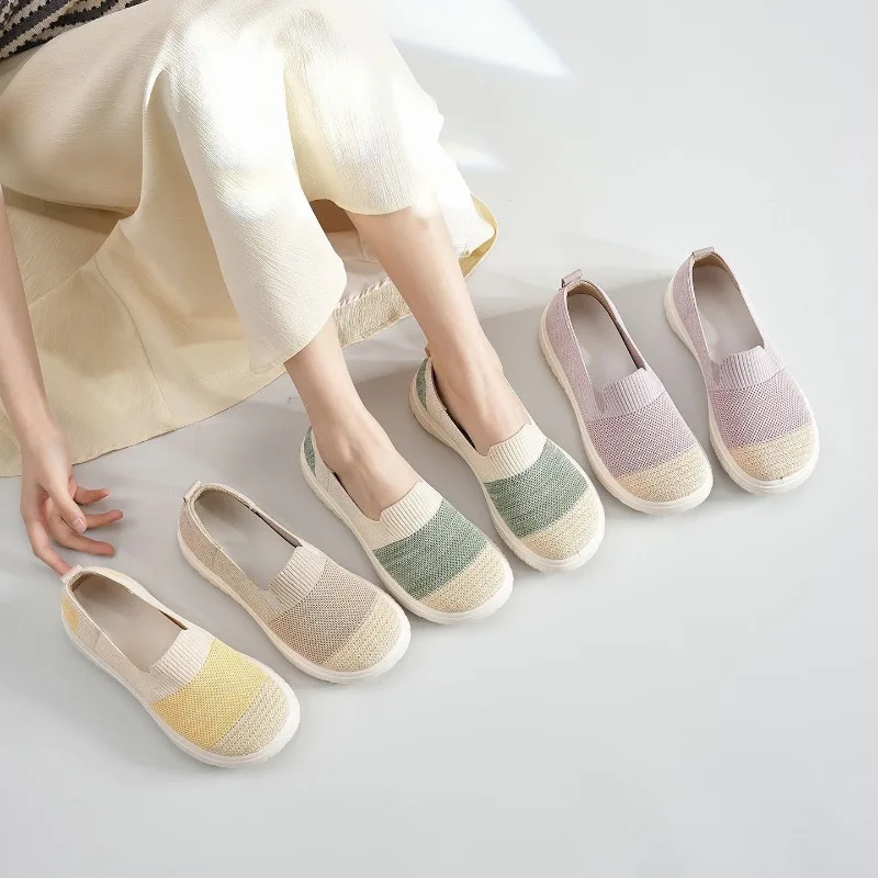 Women Slip‑on Color‑Spliced Knit Loafers Lightweight Non‑Slip Rubber Sole Breathable Flat Casual Mother Shoes