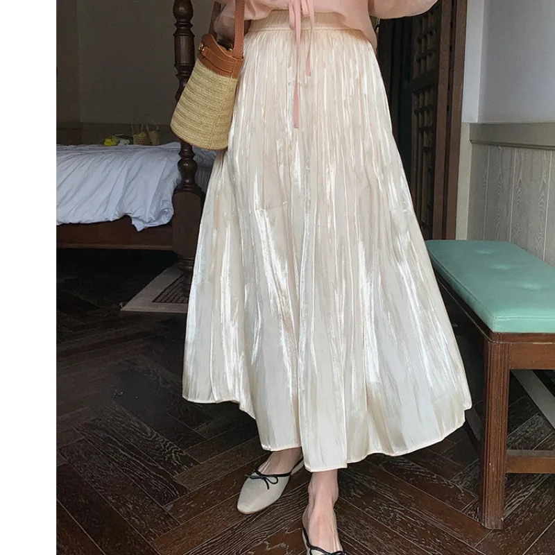 Women's Summer 2024 Chic New High Waist A-Line Mid Length Combination Fashion Solid Color Folds Slim Leisure Flowing Light Skirt