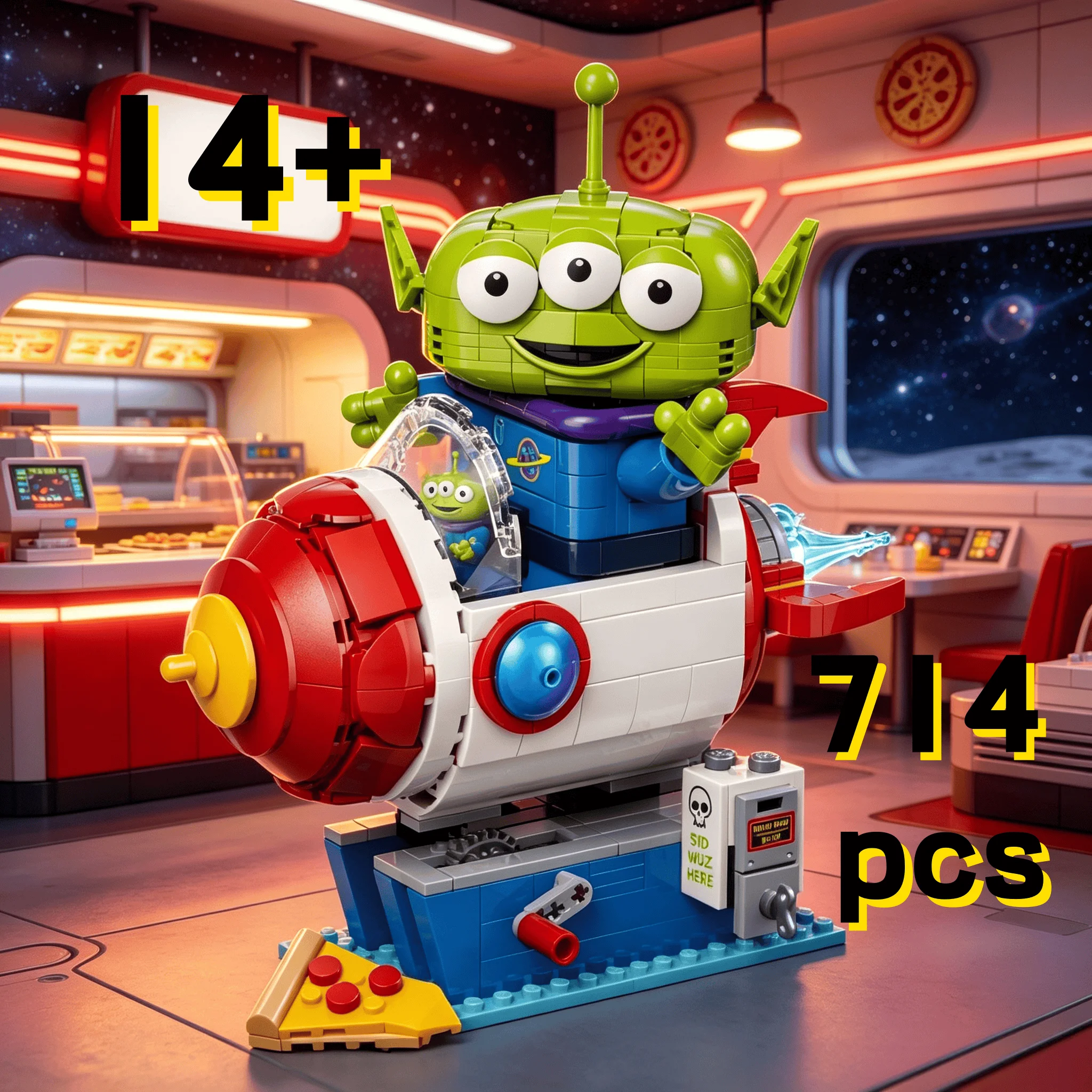 2026年新製品-映画・テレビゲームシリーズ-ピザプラネット-ロケットジャーニー-714ピース-組み立てブロック-誕生日プレゼントに最適