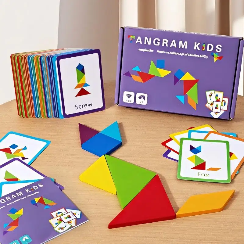 

The Seven-Piece Puzzle Game features 50 double-sided cards to help develop hand-eye coordination and cognitive skills.