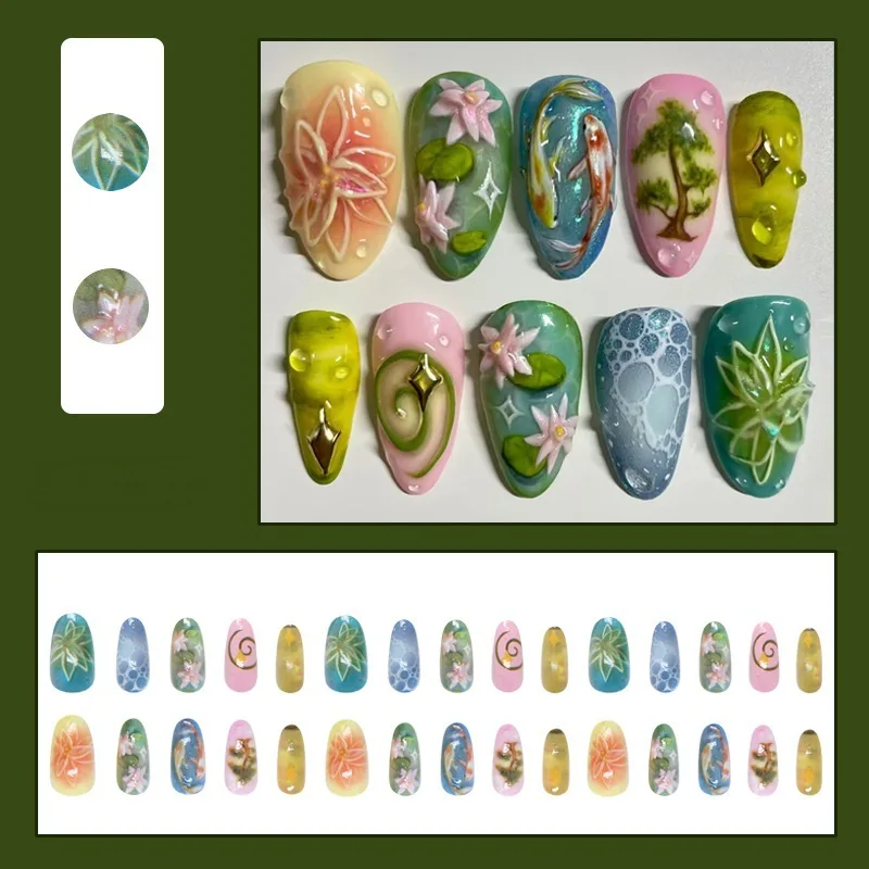 24Pcs Handmade 3D Koi Fish Press On Nails Long Almond False Nails With Lotus & Bonsai Embossed Design Reusable Fake Nails