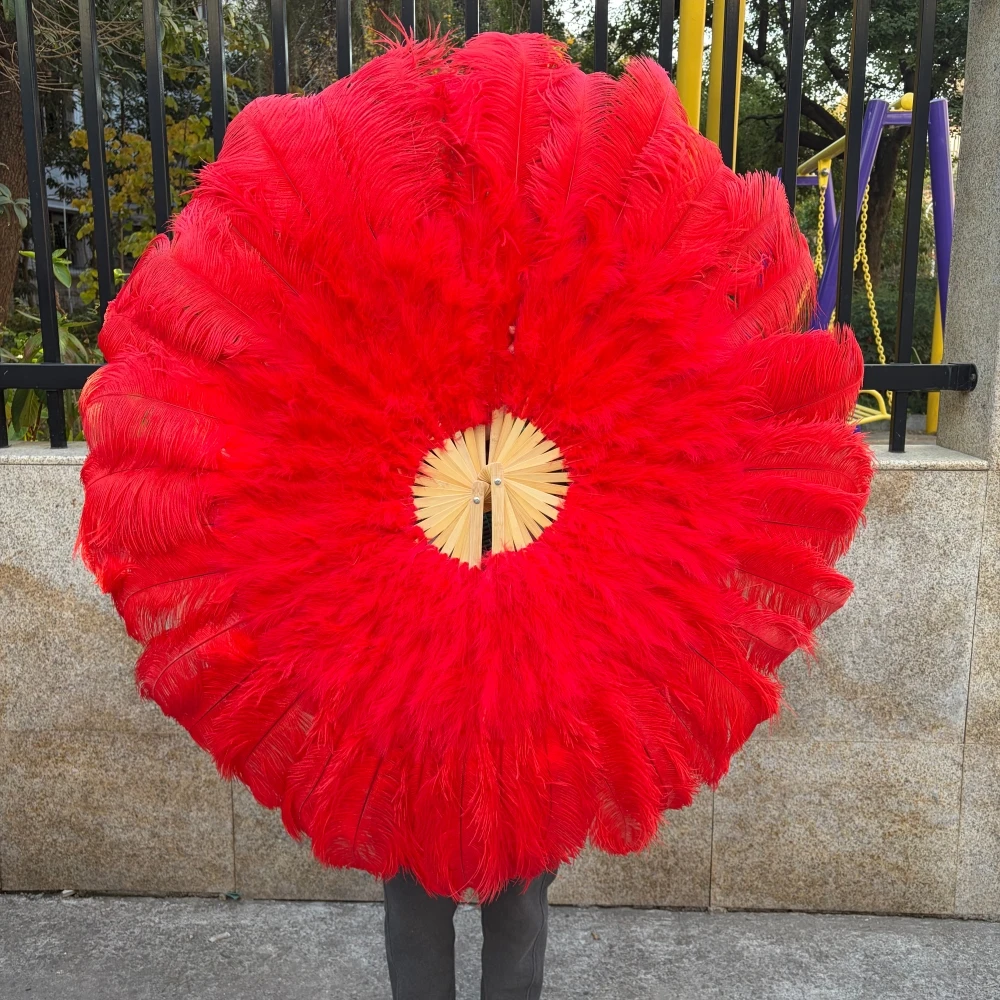 

Super Large Red Ostrich Feather Fan 18 Bones 180° Open Big Feathers Fan for Stage Carnival Belly Dance Show Props
