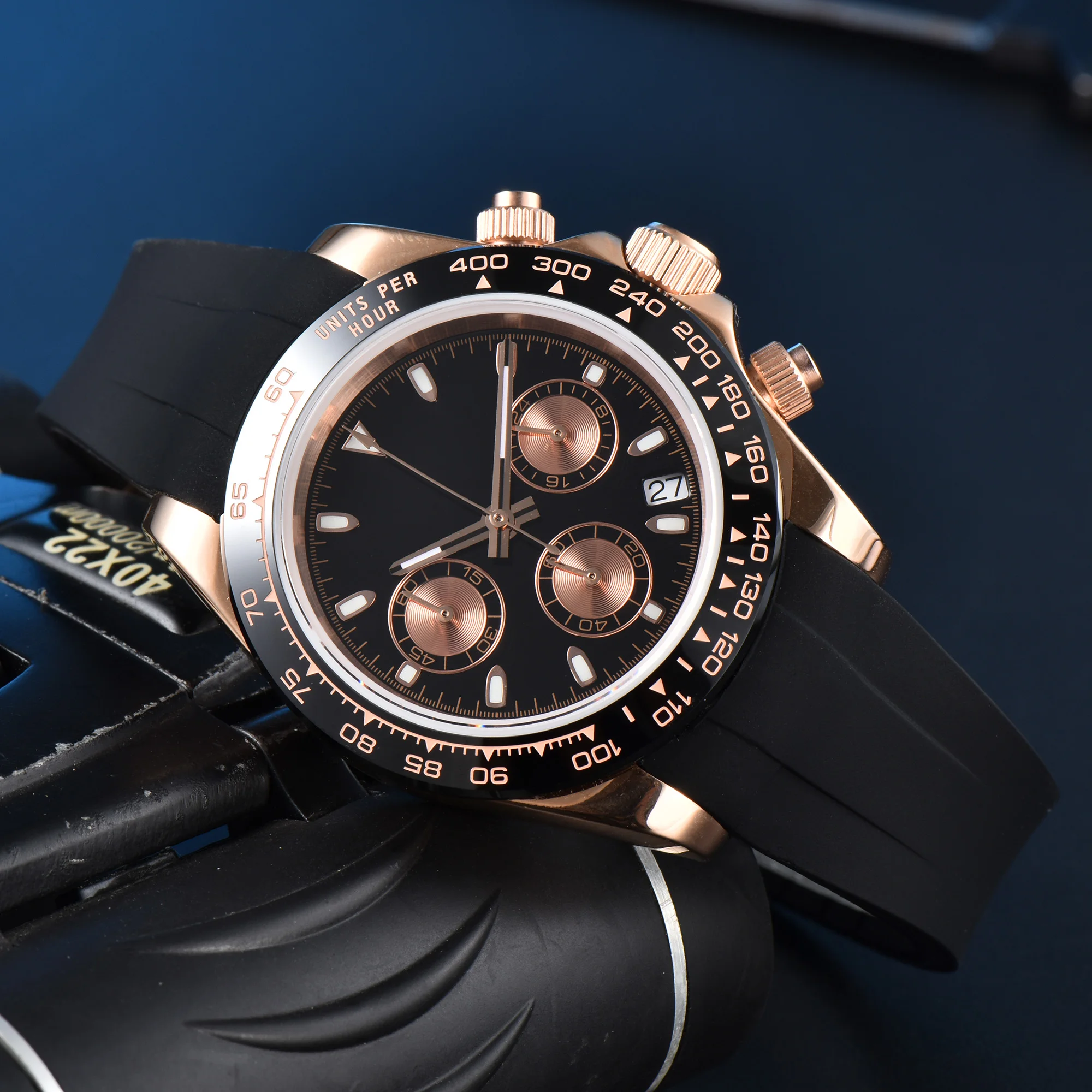 40mm 럭셔리 크로노 그래프 남자 시계 40mm 로즈 골드 케이스 사파이어 그린 빛나는 석영 남자 시계