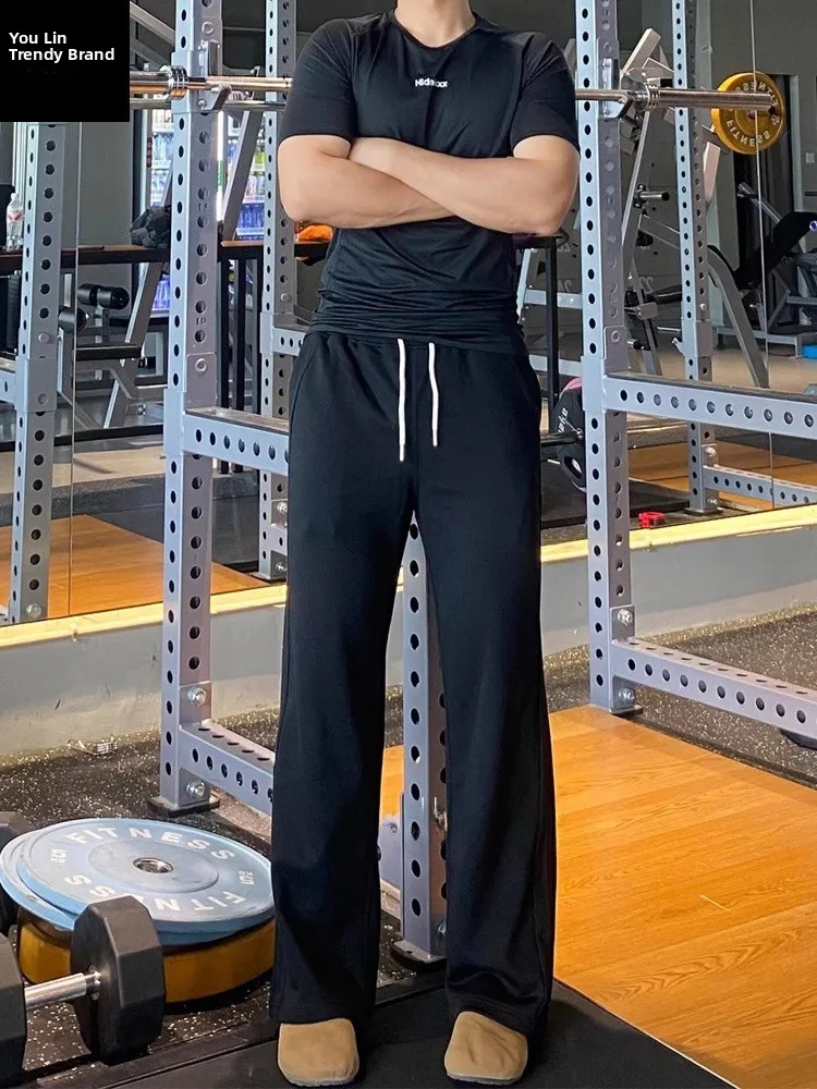 

Black Fitness Training Sweatpants Men's Winter Thickened Fleece Casual Pants Drapey Style Sports Windbreaker Straight Leg Pants