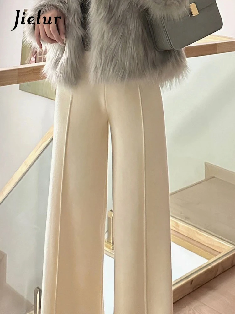 Jielur Off White Slim Fashion Office Lady Pants Knitted High Waist Casual Straight Solid Color Female Wide Leg Pants Streetwear