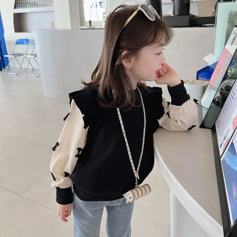 

Girls' New Spring/Autumn Faux-two-piece Sweet Korean Crewneck Sweatshirt - Stylish Outerwear for Kids