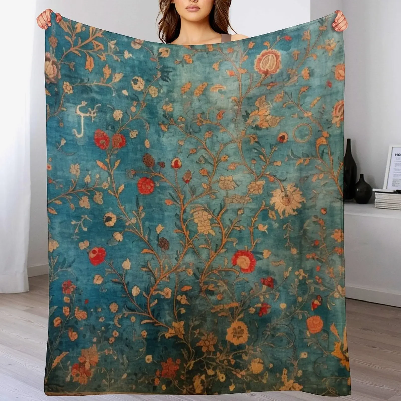 

Enchanting Oriental Carpet Beautiful Floral Design Throw Blanket Outdoor Soft Blanket for Picnic Beach Camping