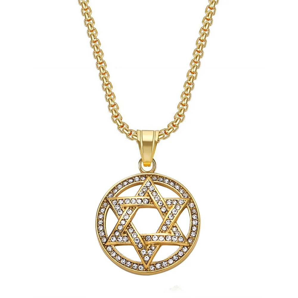 Jewish Iced Out Star of David Pendant Gold Color Stainless Steel Hexagram Necklace for Women Men Judaism Jewelry Birthday Gift