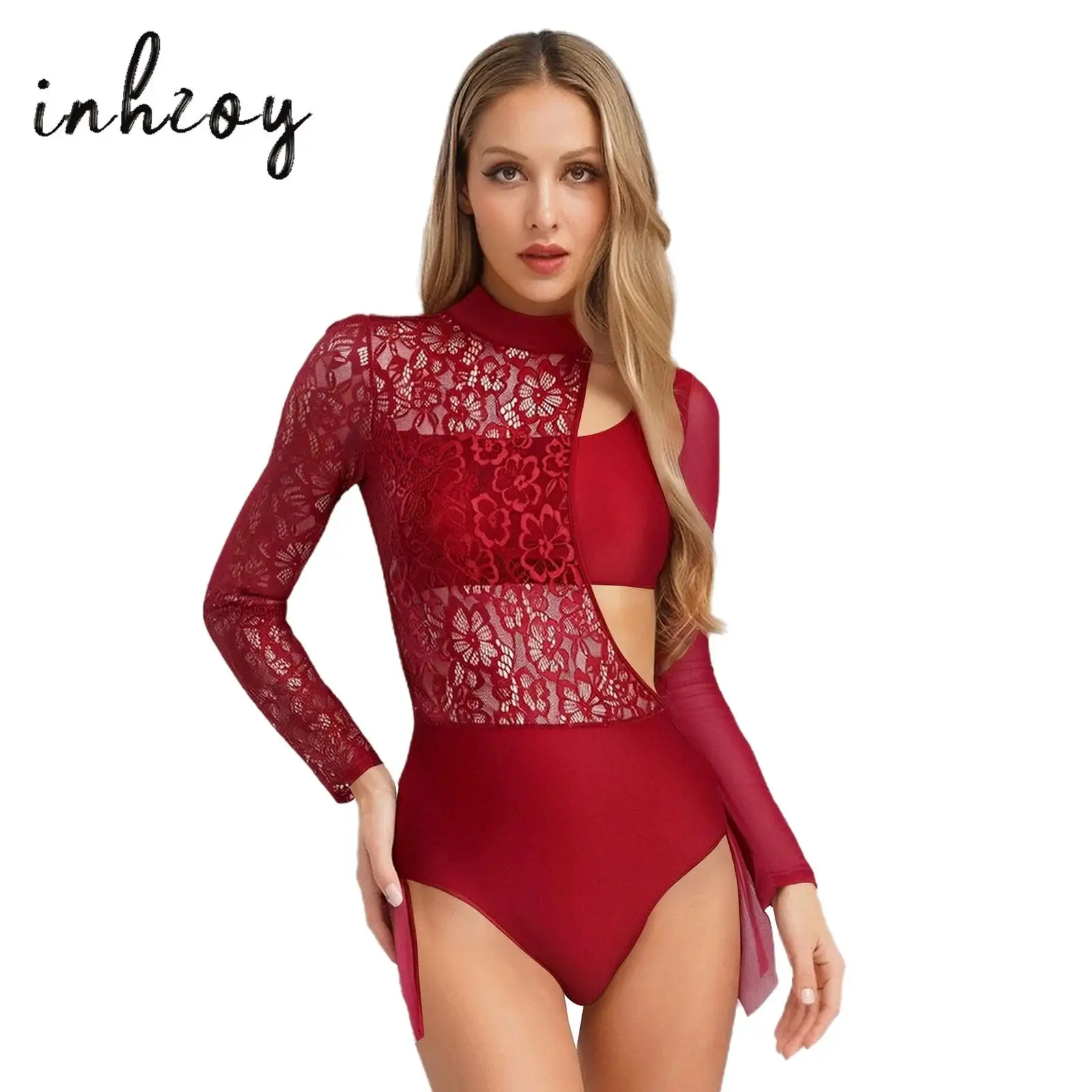 

Womens Floral Lace Patchwork Ballet Skirted Leotard Mock Neck Long Sleeve Cutout Irregular Bodysuit for Dance Figure Skating