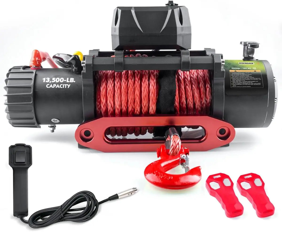 

RUGCEL WINCH 13500lb Waterproof Electric Red Synthetic Rope Winch with Hawse Fairlead, Wired Handle and 2 Wireless Remote (RED)