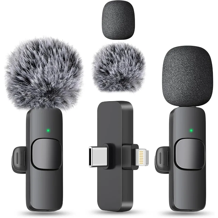 

2 in 1 Wireless Mini Microphone for iPhone iPad Android Phone Bluetooth Lavalier Lapel Mic for Video Rrding Clip on USB C Micro
